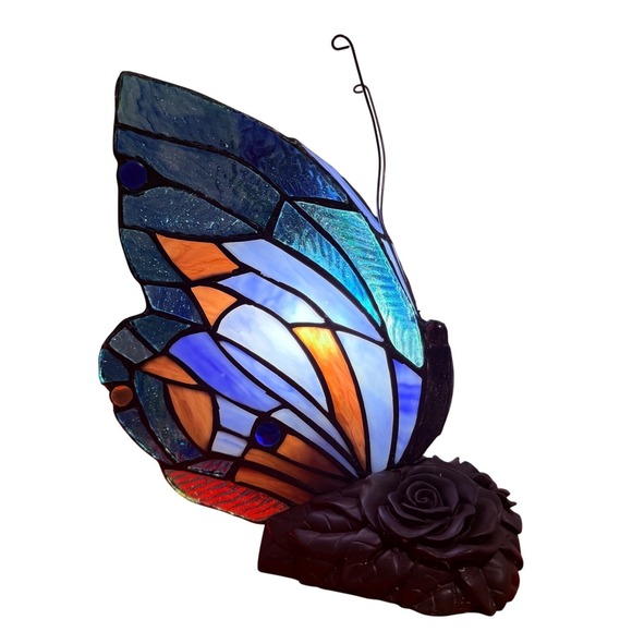 Other - Tiffany Style Stained Glass Blue Butterfly Accent Lamp Rose‎ Floral Base